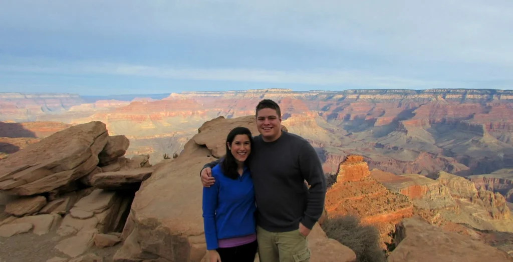 kate storm and jeremy storm at ooh aah point on south kaibab trail, one of the best day hikes in the grand canyon