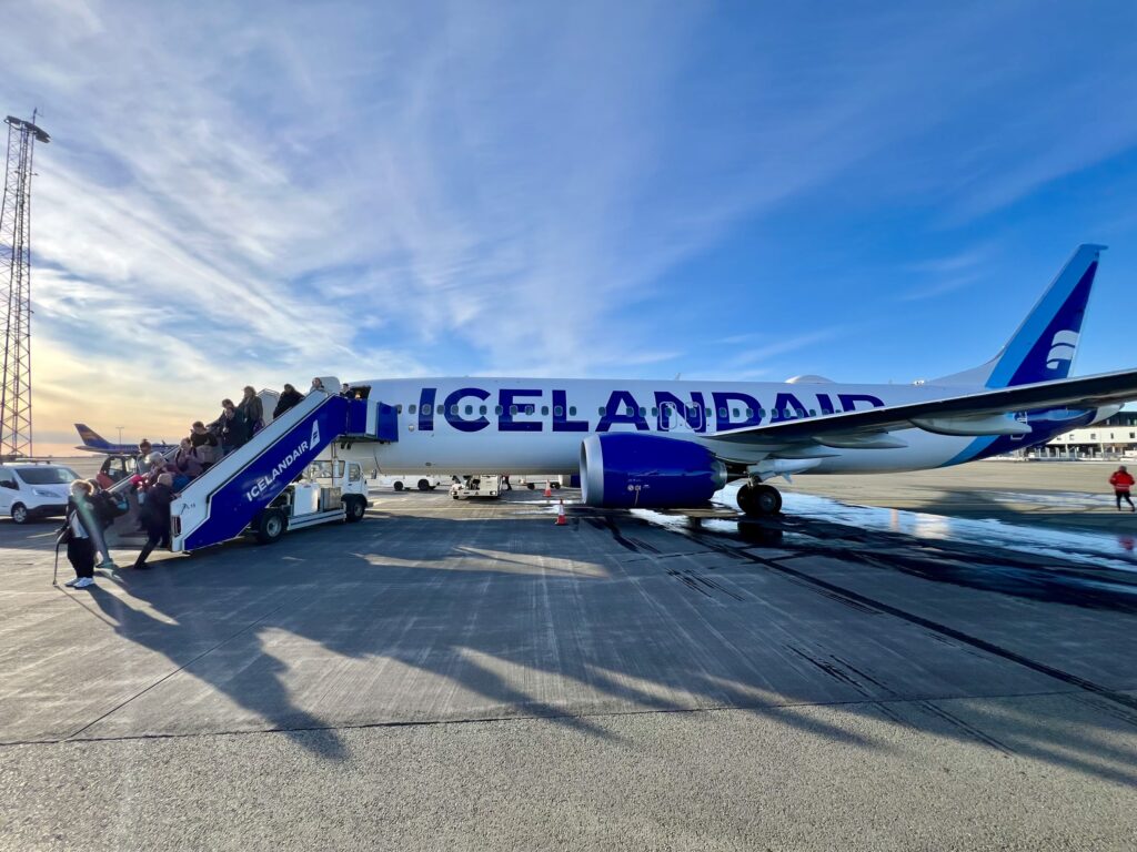icelandair plane parked on a sunny day in reykjavik