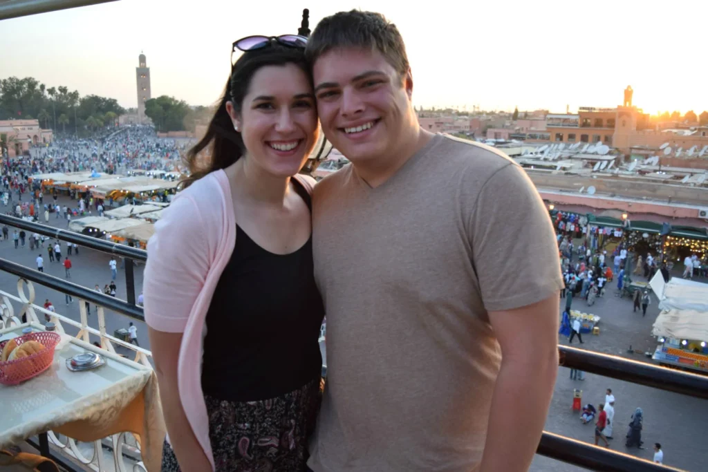 kate storm and jeremy storm overlooking Jemma el-Fnaa in marrakech morocco