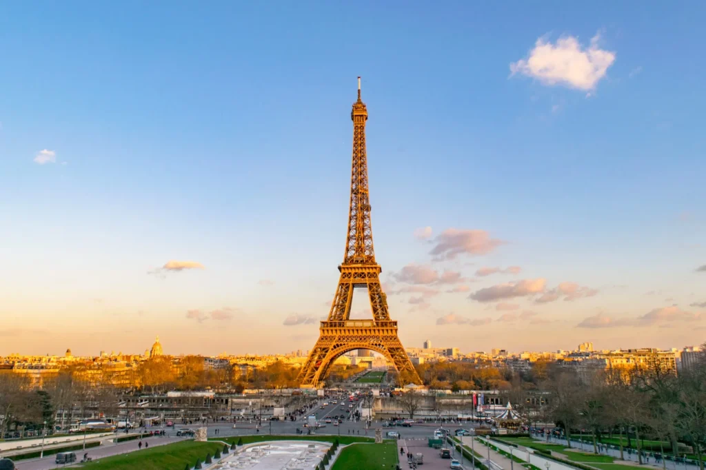 eiffel tower as seen from trocadero one day in paris at sunset