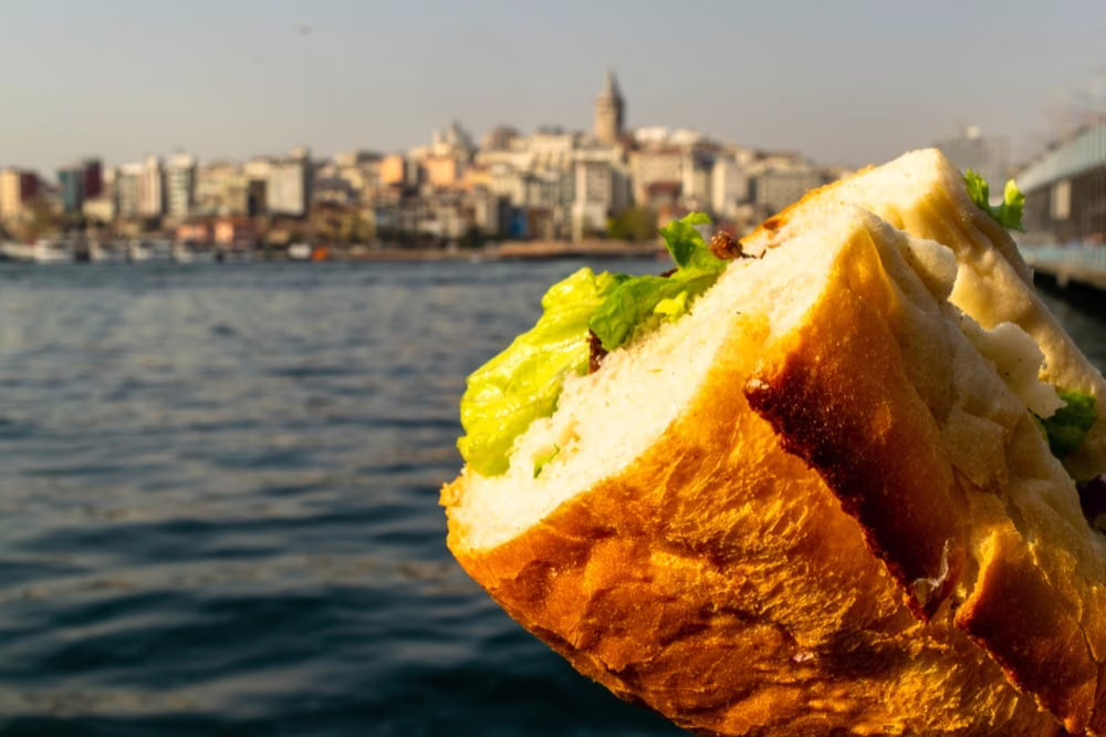 fish sandwich being held up in front of the bosphorus strait at galata bridge with galata tower taken in the background, taken during a trip to istanbul turkiye