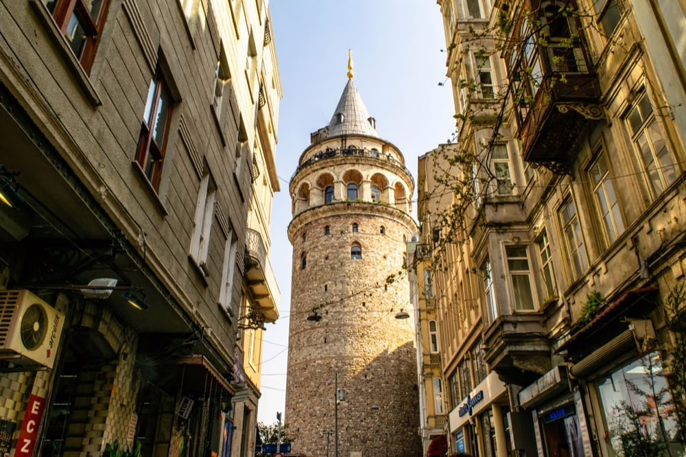 view of the galata tower istanbul turkey with buildings lining either side of the street