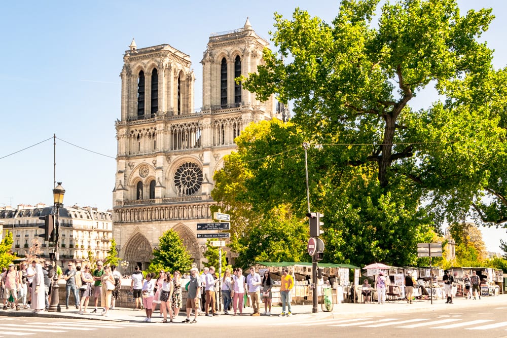 view of notre dame cathedral as seen from across the seine on a sunny summer day, with crowds of visitors admiring the gothic cathedral one day in paris
