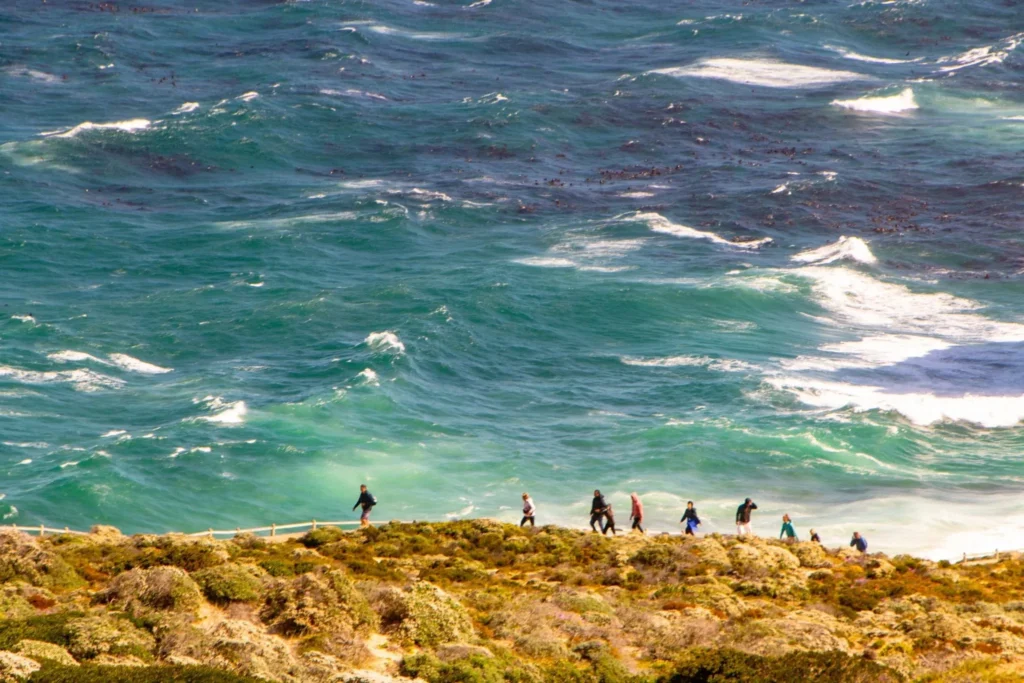hikers along the edge of cape point in south africa with ocean behind them, hiking gear is one of the best things to bring to south africa