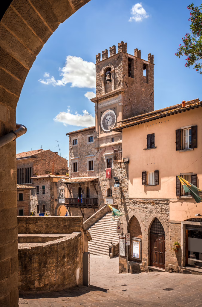 view of the palazzo comunale in cortona italy, setting of frances mayes famous books about italy