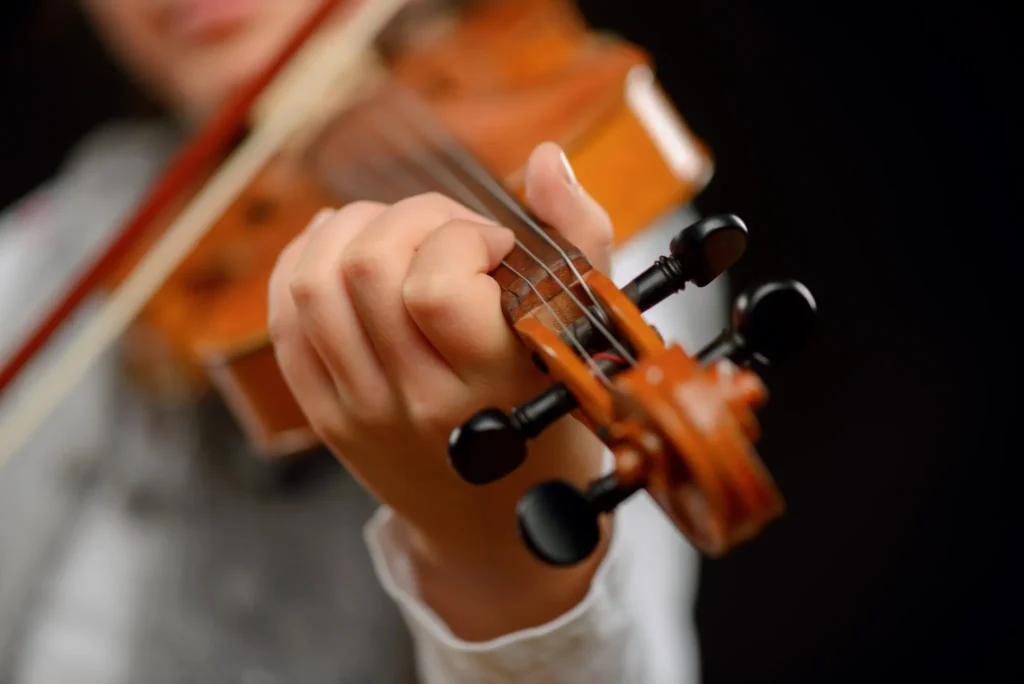 man playing a violin at a winter concert