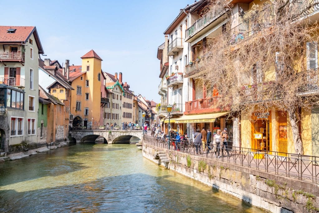 cafes lining a canal in Annecy