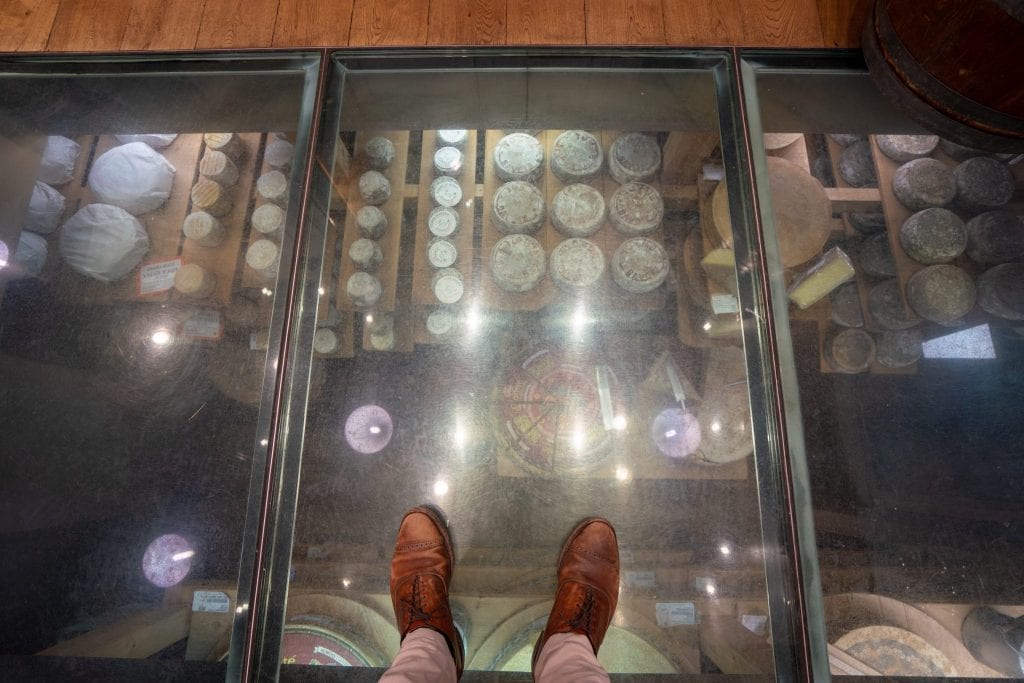 pair of feet standing on a glass floor with cheeses aging beneath