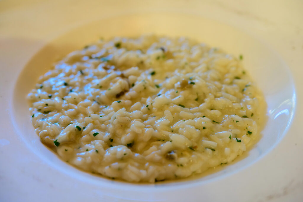 risotto de gò in a white bowl on burano island, one of the best day trips from venice italy