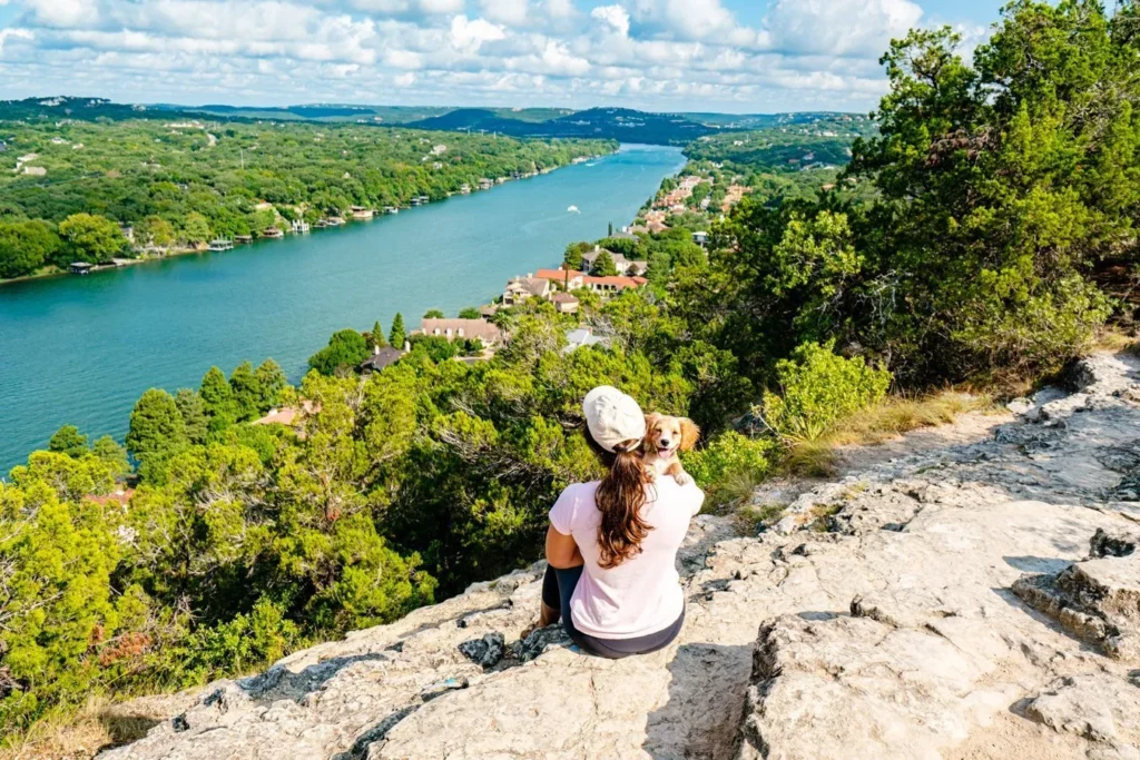 kate storm and ranger storm overlooking mount bonnell in austin texas