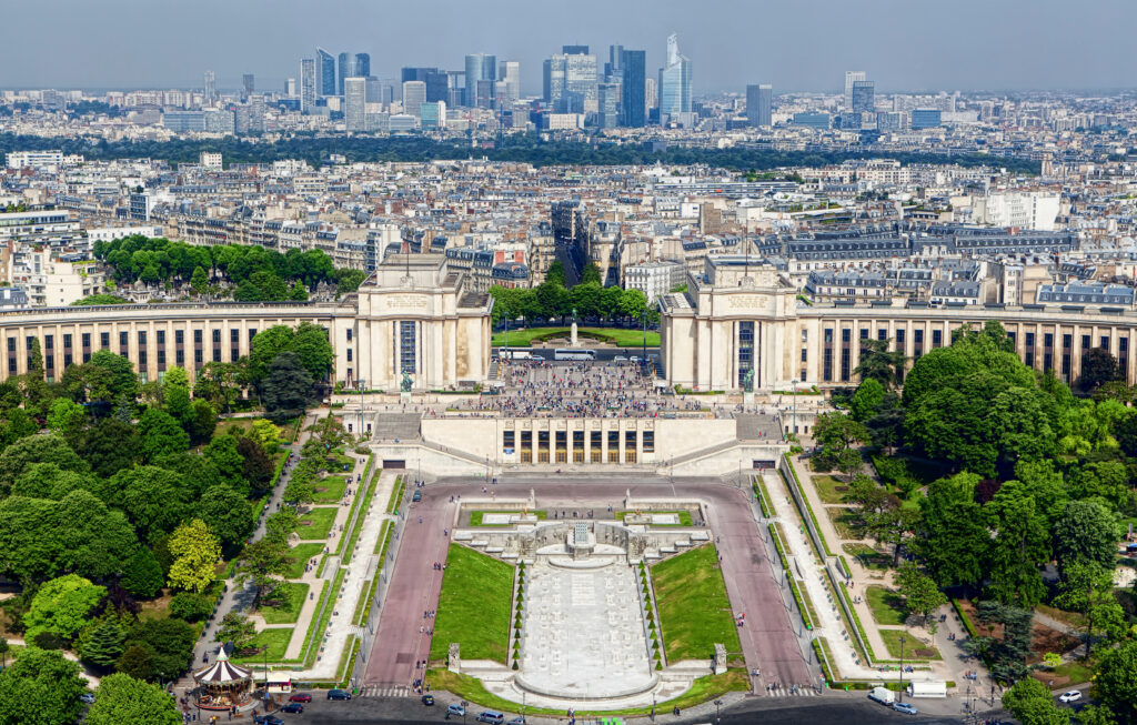 view of trocadero and la defense from the eiffel tower in paris france