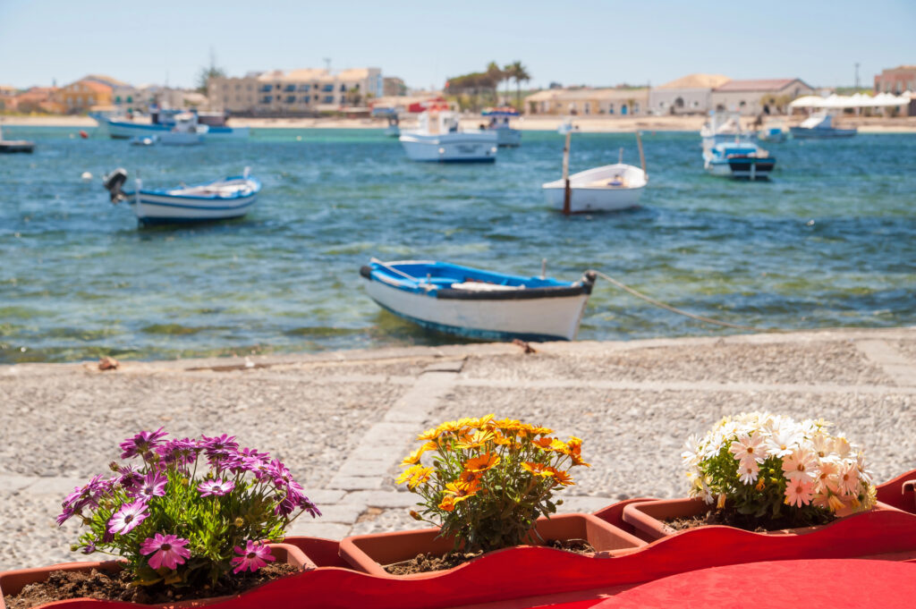 view of small fishing boats on the water as seen from marmazeni sicily with potted flowers in the foreground