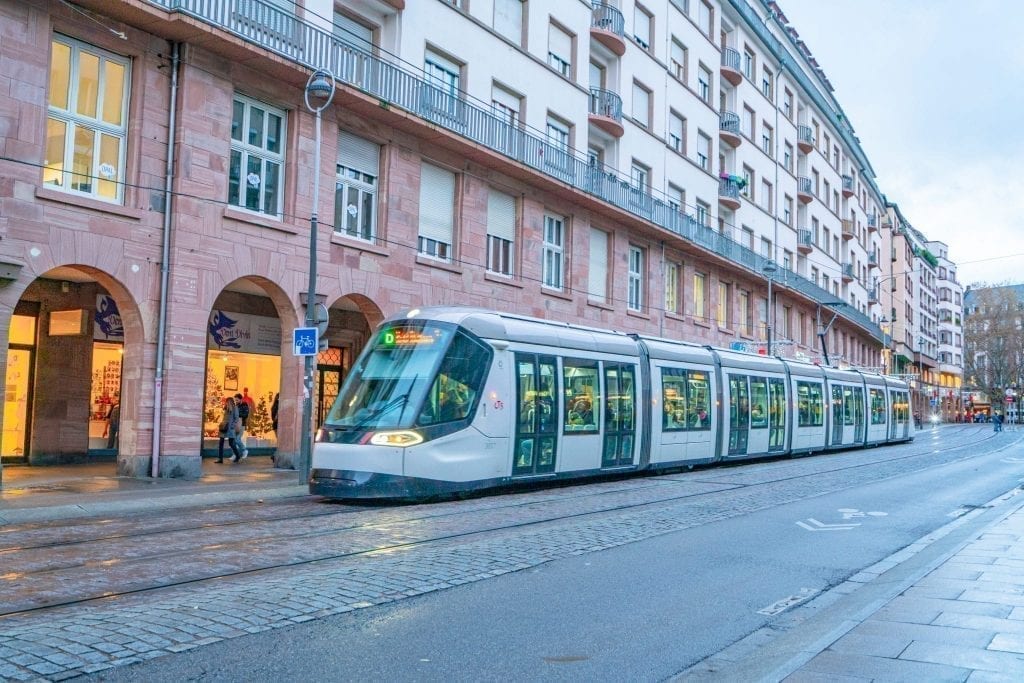 tram in strasbourg france in the early evening