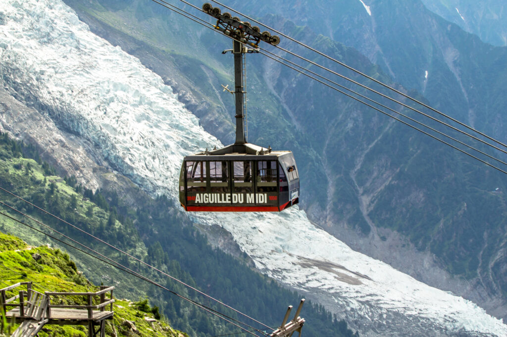 Aiguille du Midi cable car en route to mont blanc from chamonix, one of the prettiest small towns in france