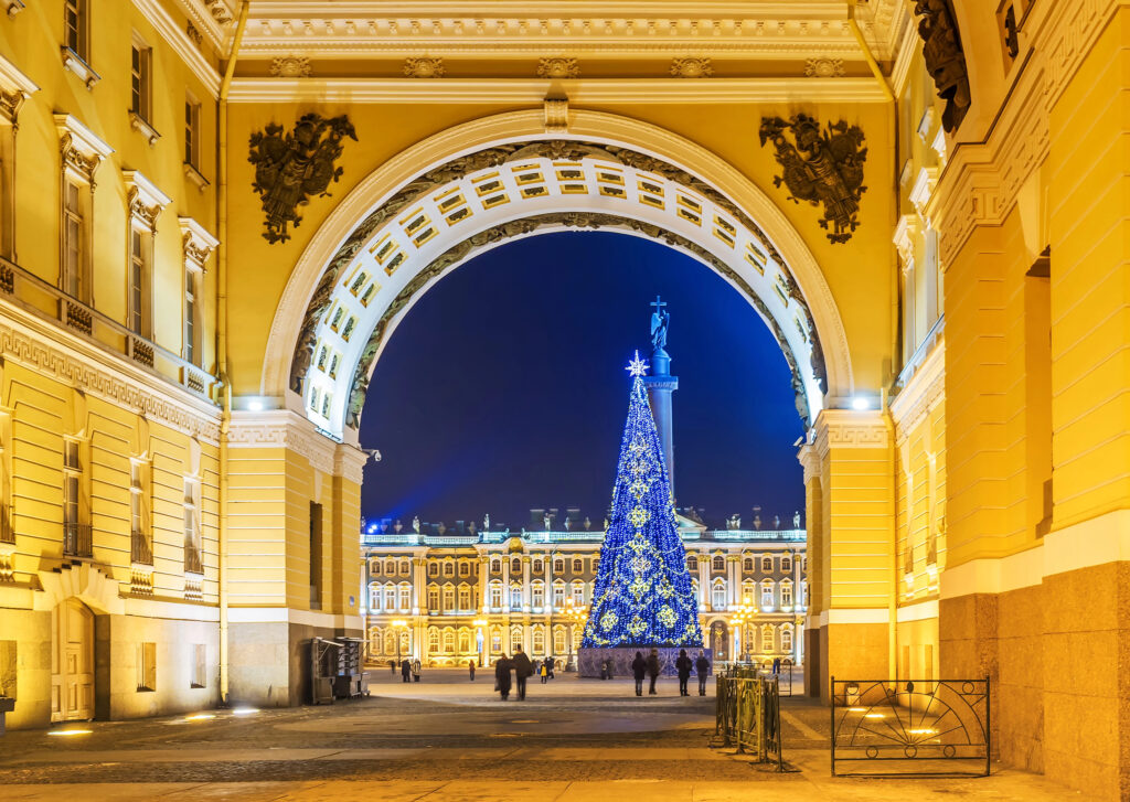 christmas tree in a beautiful square at night in st petersburg at christmas