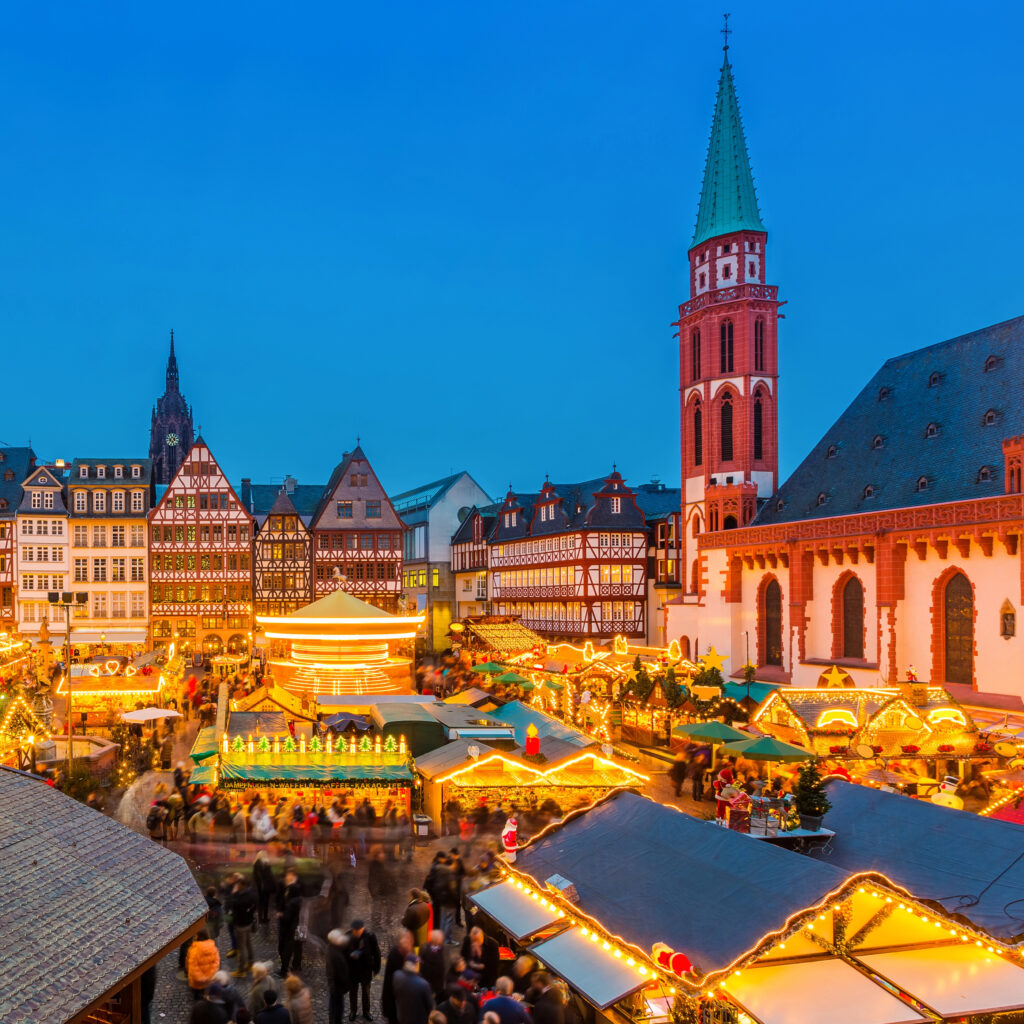 frankfurt germany christmas market as seen from above at blue hour