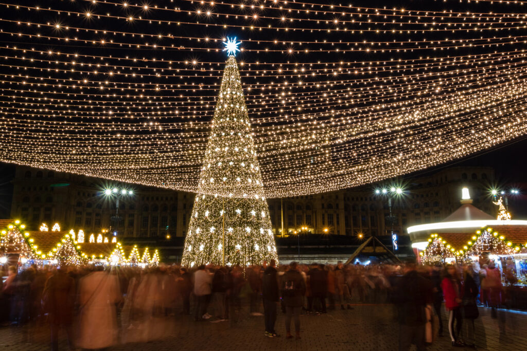 lit up christmas tree at night in bucharest romania