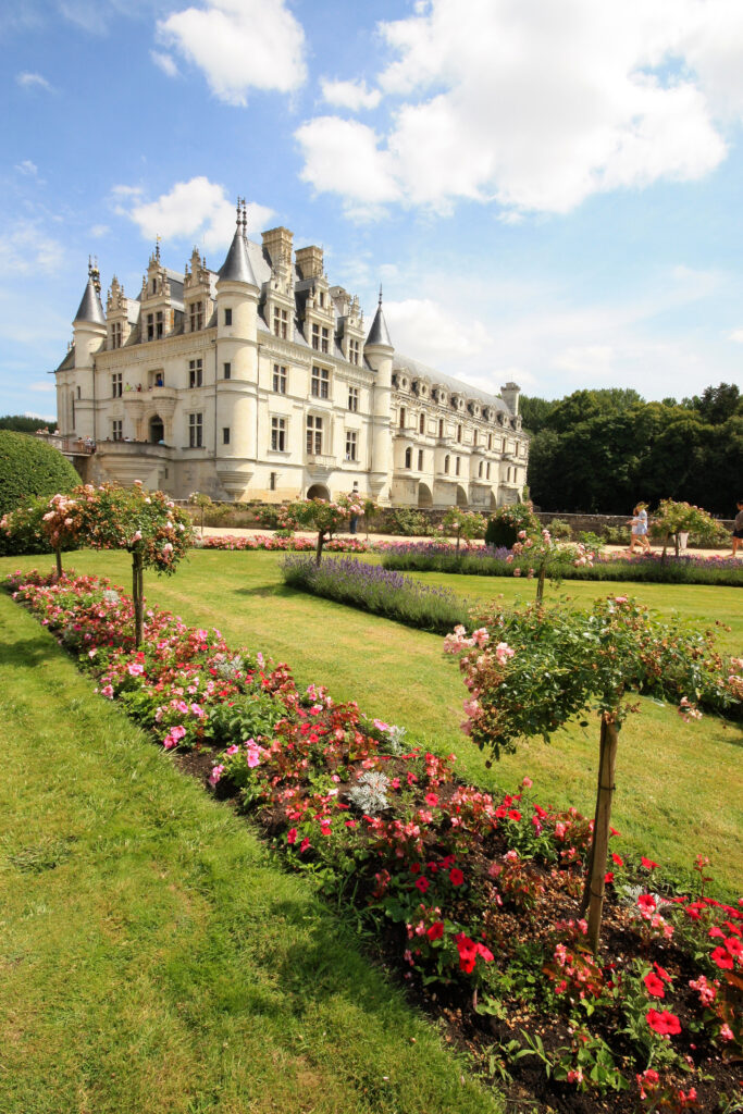 view of chateau de chenonceau from the gardens with blooming pink flowers in the foreground