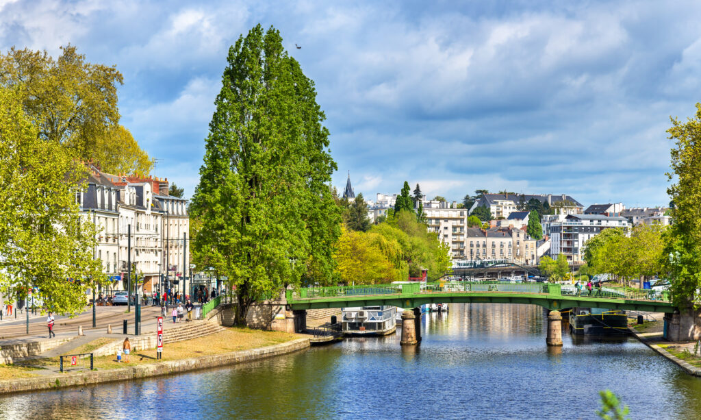 view of the city of nantes from with the Erdre river visible in the foreground
