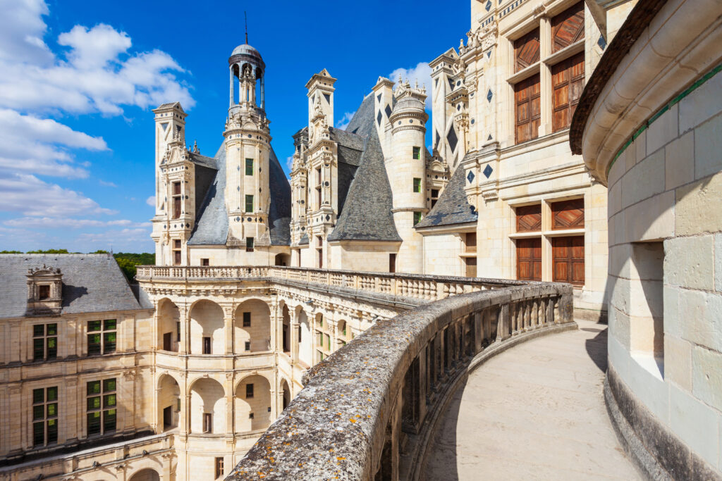 view of chateau de chambord from one of the balconies, overlooking the detail of the architecture