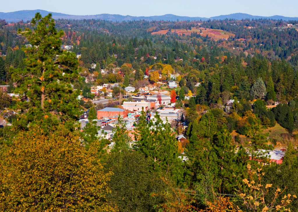 placerville california as seen from above during the beginning of autumn foliage season