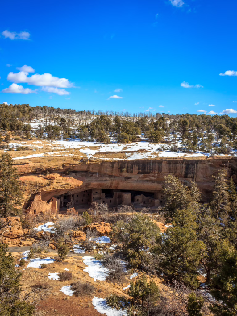 spruce tree house as seen from afar in mesa verde national park in winter colorado
