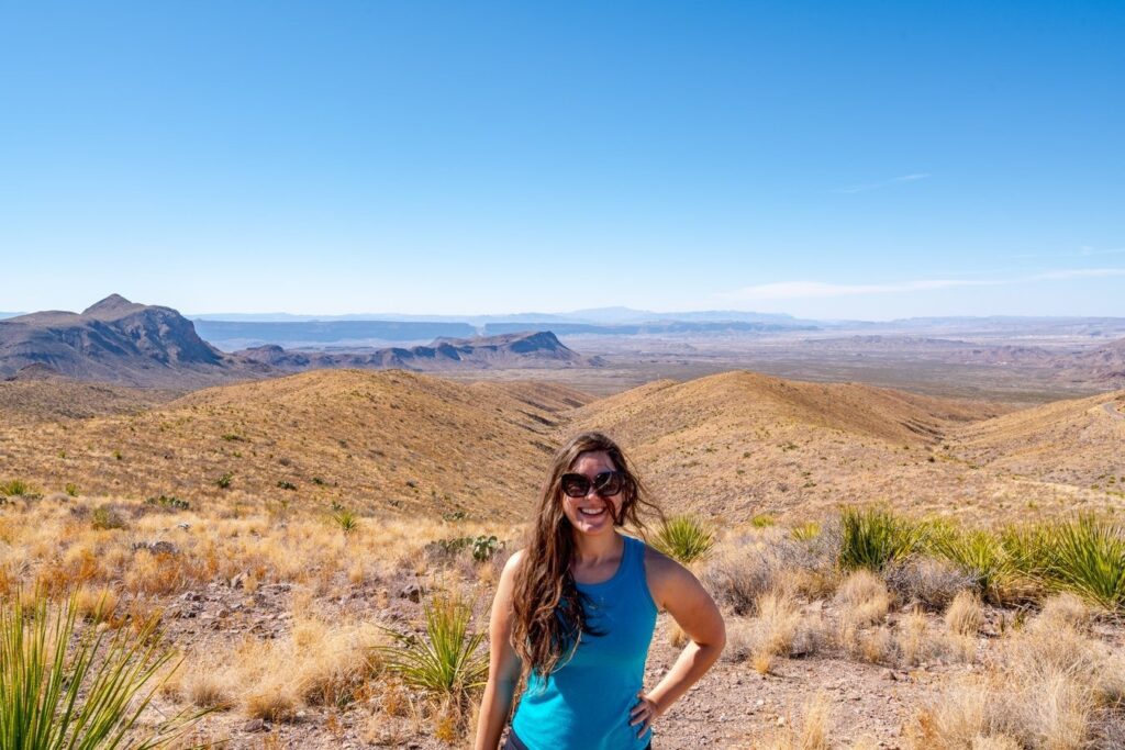 kate storm in a blue tank top in big bend national park in january