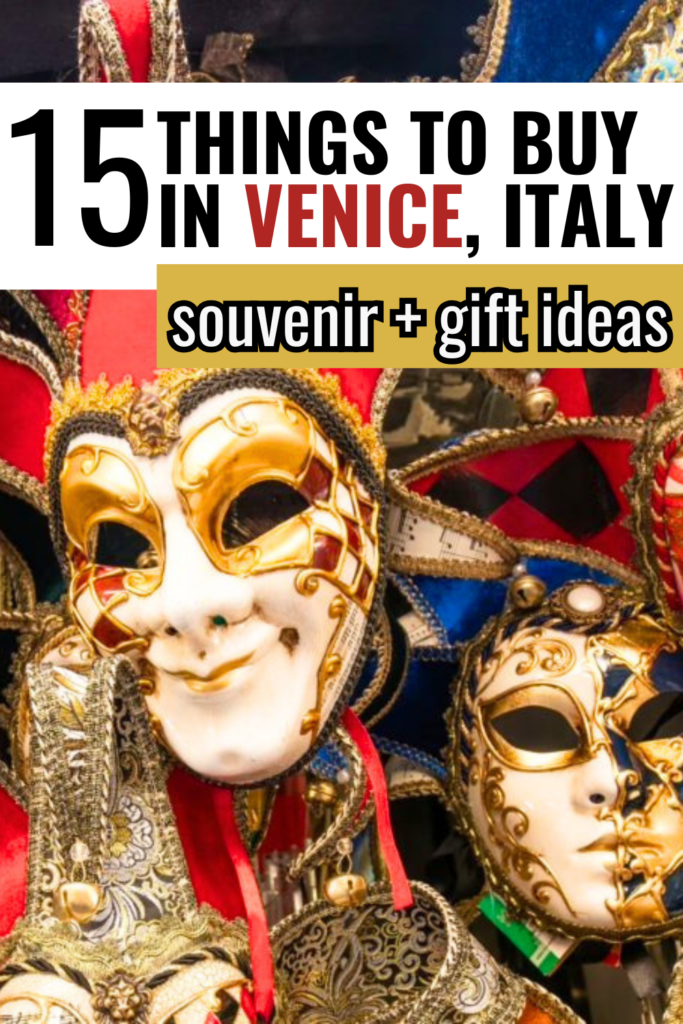 photo of venetian masks for sale as souvenirs from venice, black red and white text on white and yellow backgrounds reads "15 things to buy in venice italy souvenir and gift ideas"