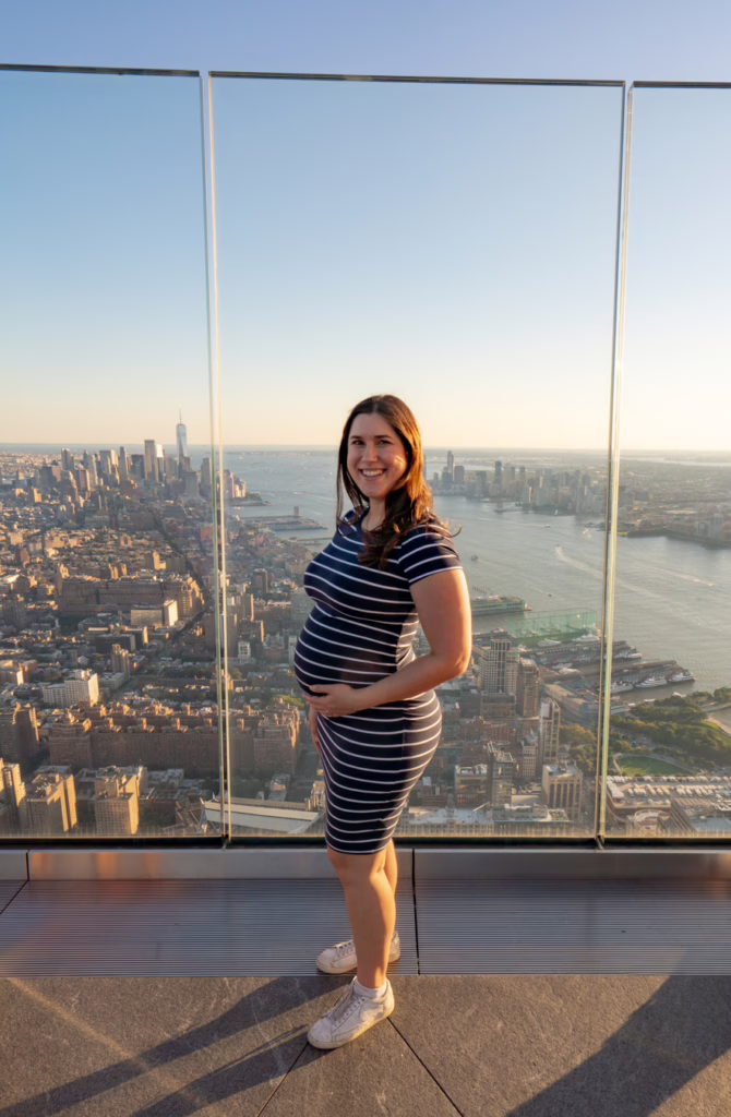 kate storm standing at the edge nyc overlooking lower manhattan while pregnant in new york city