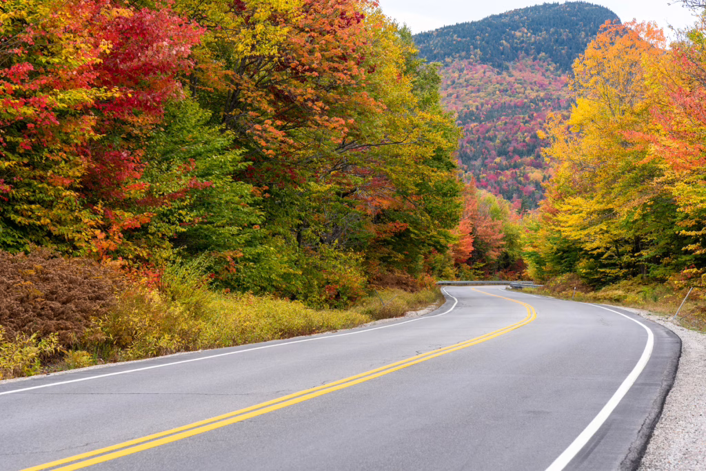 fall foliage along the kancamagus highway in new hampshire, with winding road in the center of the photo