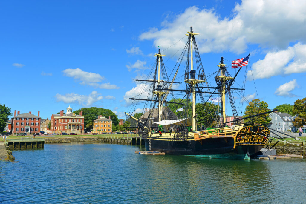 tall ship at salem maritime historical site in salem massachusetts on a sunny day, one of the easiest day trips from boston 