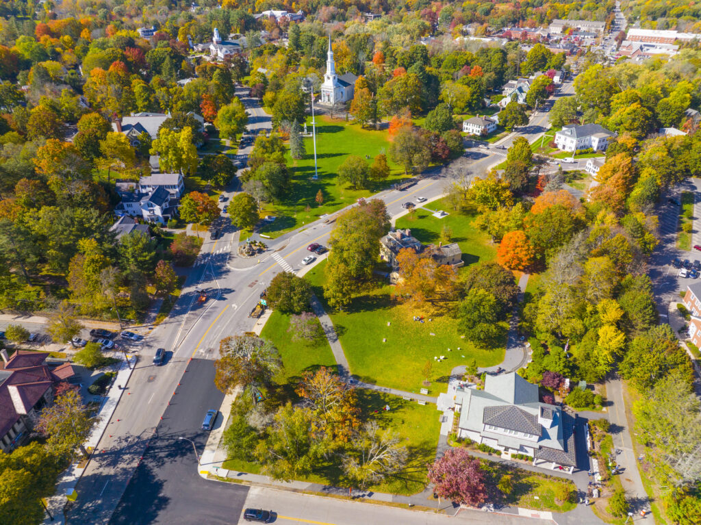 aerial view of lexington massachusetts with lexington green in center