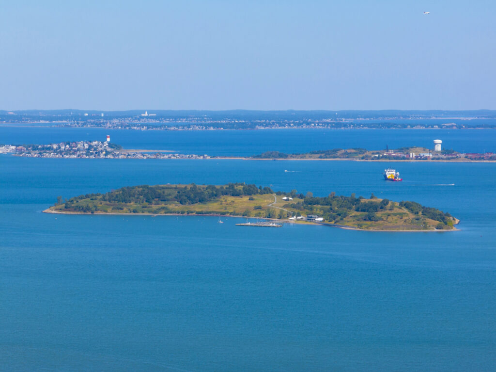 aerial view of spectacle island, one of the boston harbor islands that is one of the best day trips from boston ma