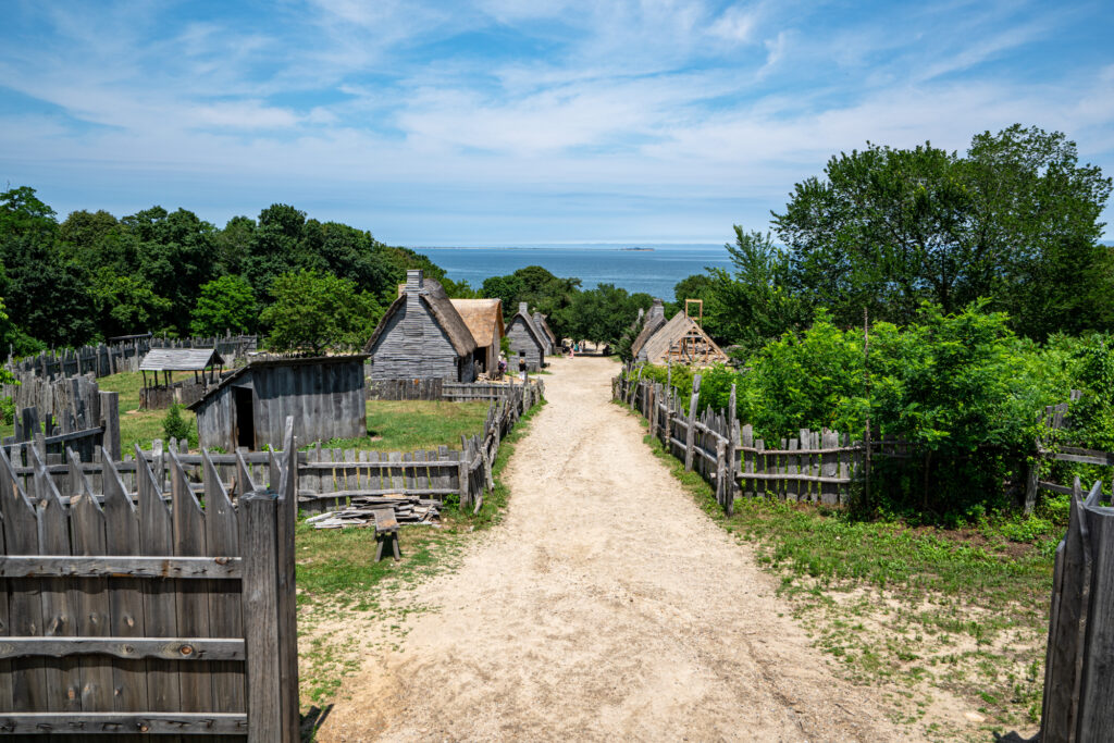 view of 17th century english village at plimoth patuxet from above, one of the most memorable day trips from boston massachusetts