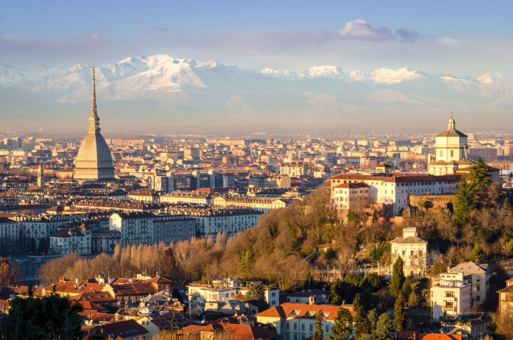 view of turin italy from above with alps visible in the background