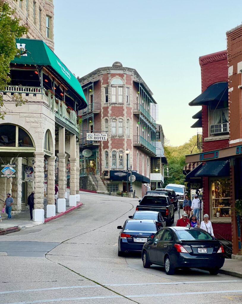 downtown eureka springs arkansas as seen from one of the main streets in town with flatiron building in the background