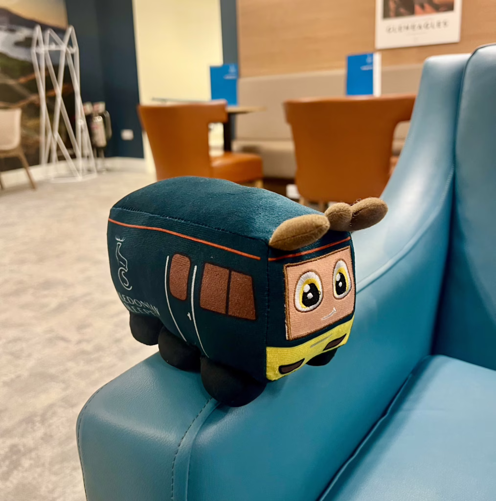 glen the caledonian sleeper stuffie in the london euston lounge before boarding an overnight train from london to scotland