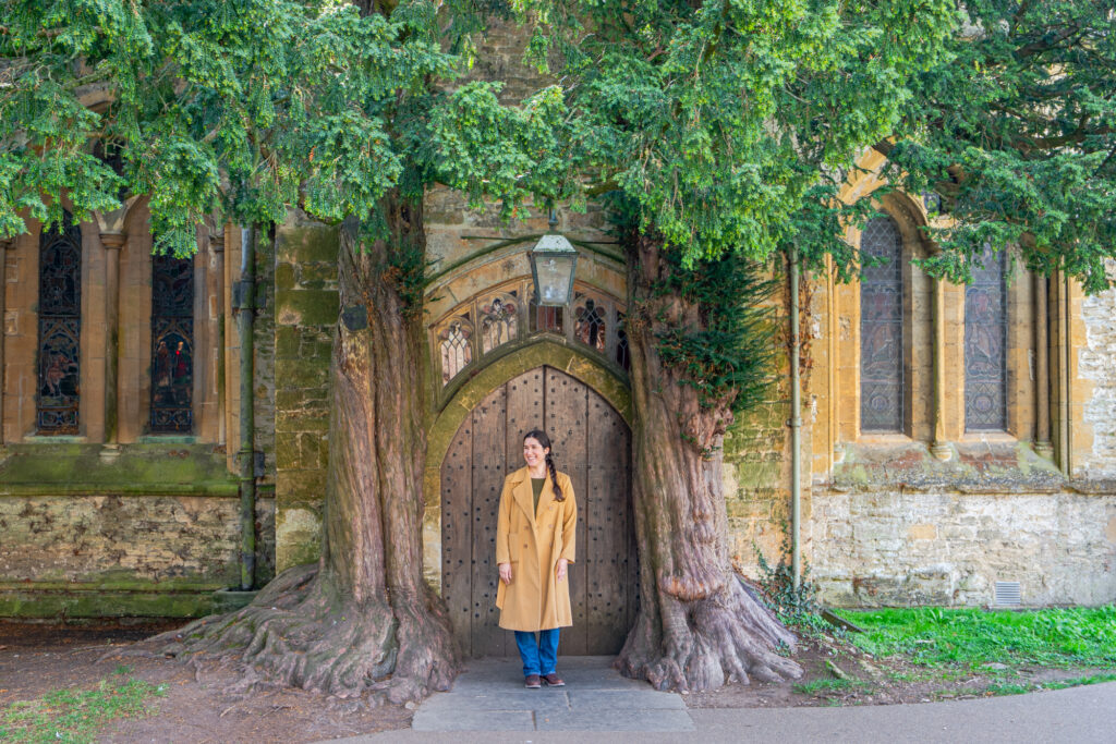 kate storm standing in front of tolkien doors in stow on the wold england