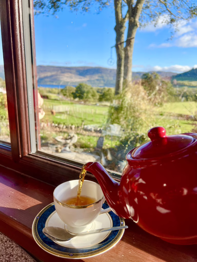 scottish tea being poured from a red pot into a white cup in front of a window in scotland on a sunny day
