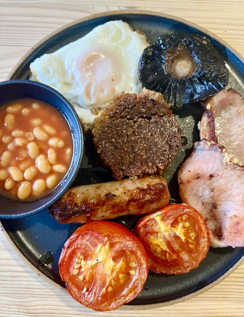 full scottish breakfast as seen from above, served on isle of skye scotland