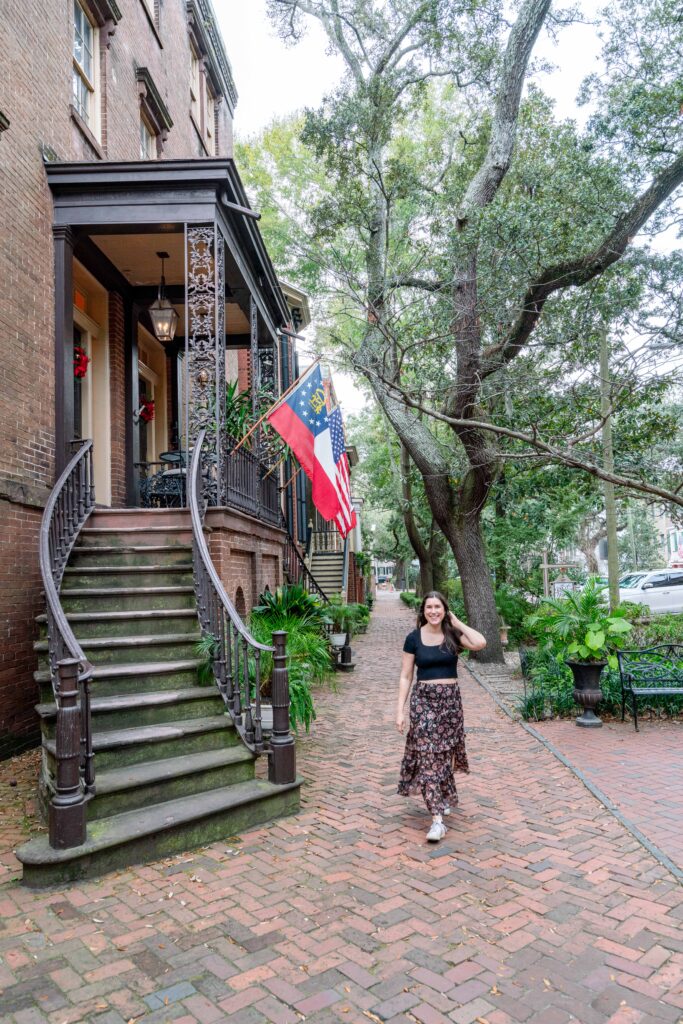 kate storm walking down jones street savannah georgia in january
