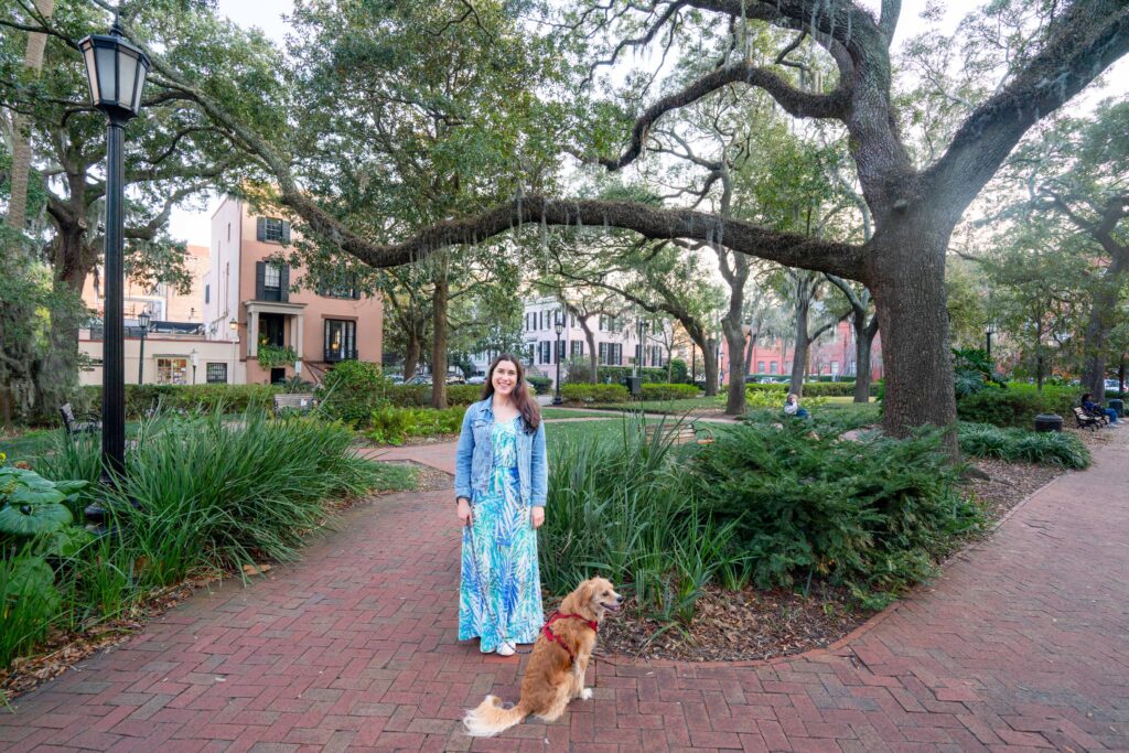 kate storm and ranger storm standing in chippewa square when visiting savannah georgia in winter