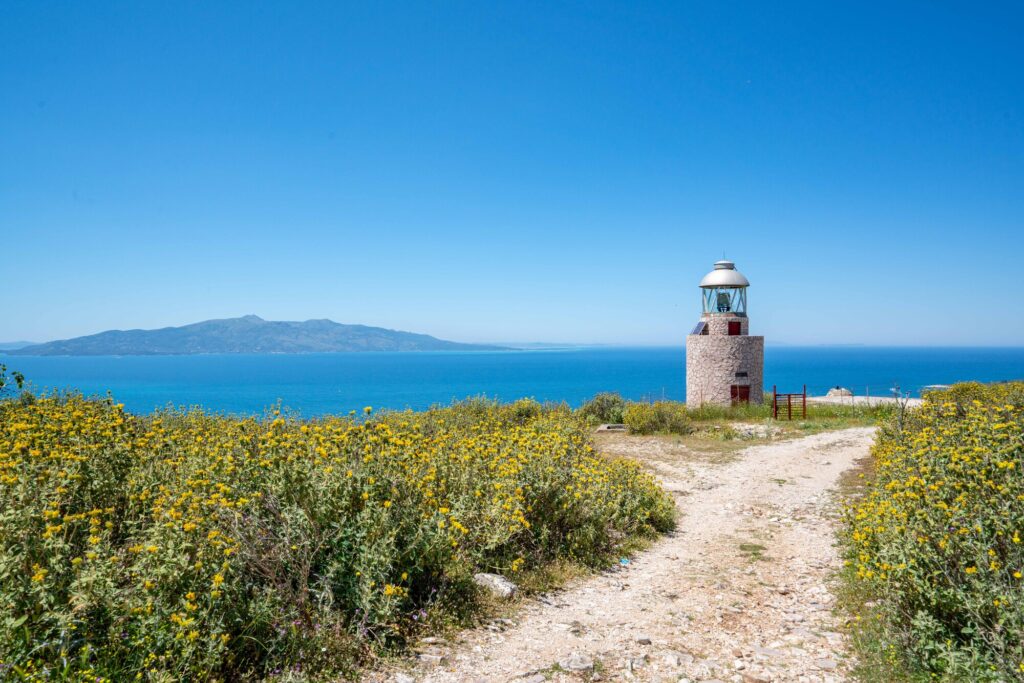 saranda lighthouse at the end of a dirt path lined with yellow flowers, ionian sea in the distance