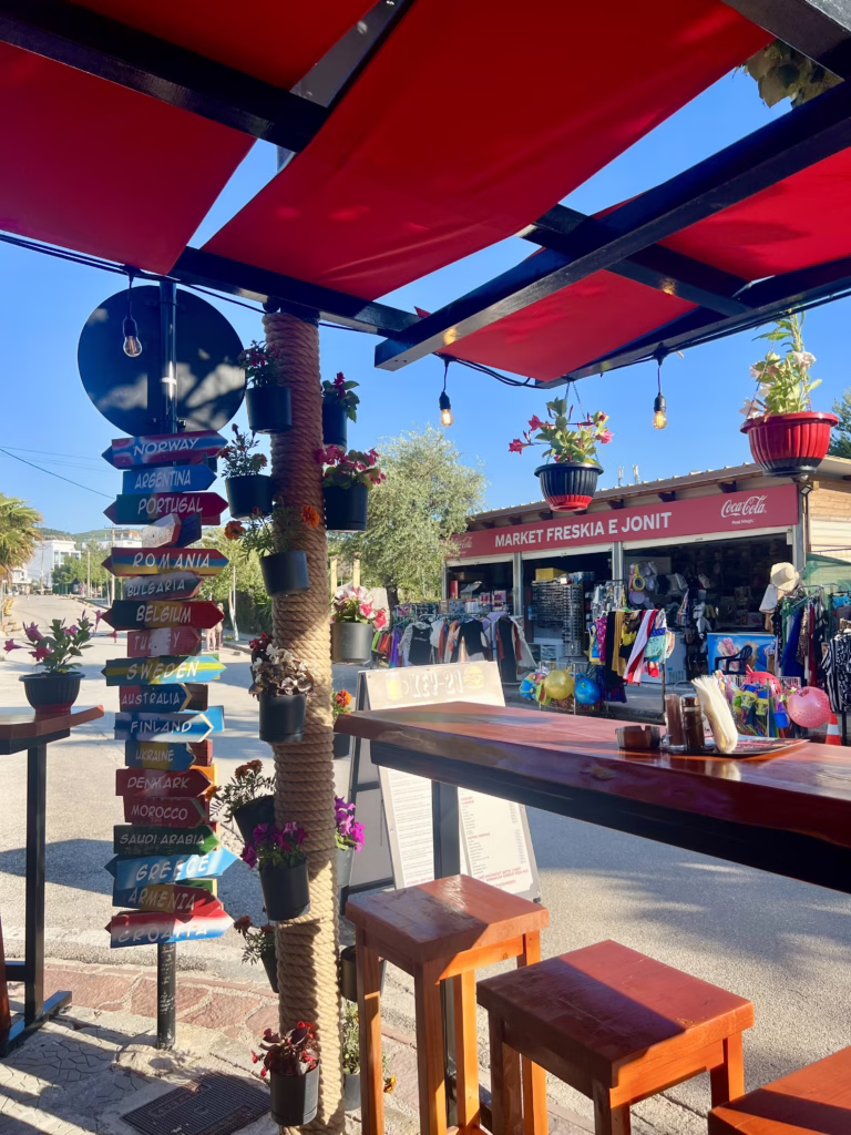 view of an outdoor restaurant key 21 in central ksamil albania