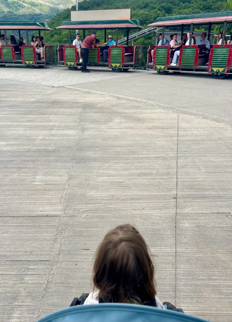 young toddler in a stroller looking up at a small tourist train at the blue eye