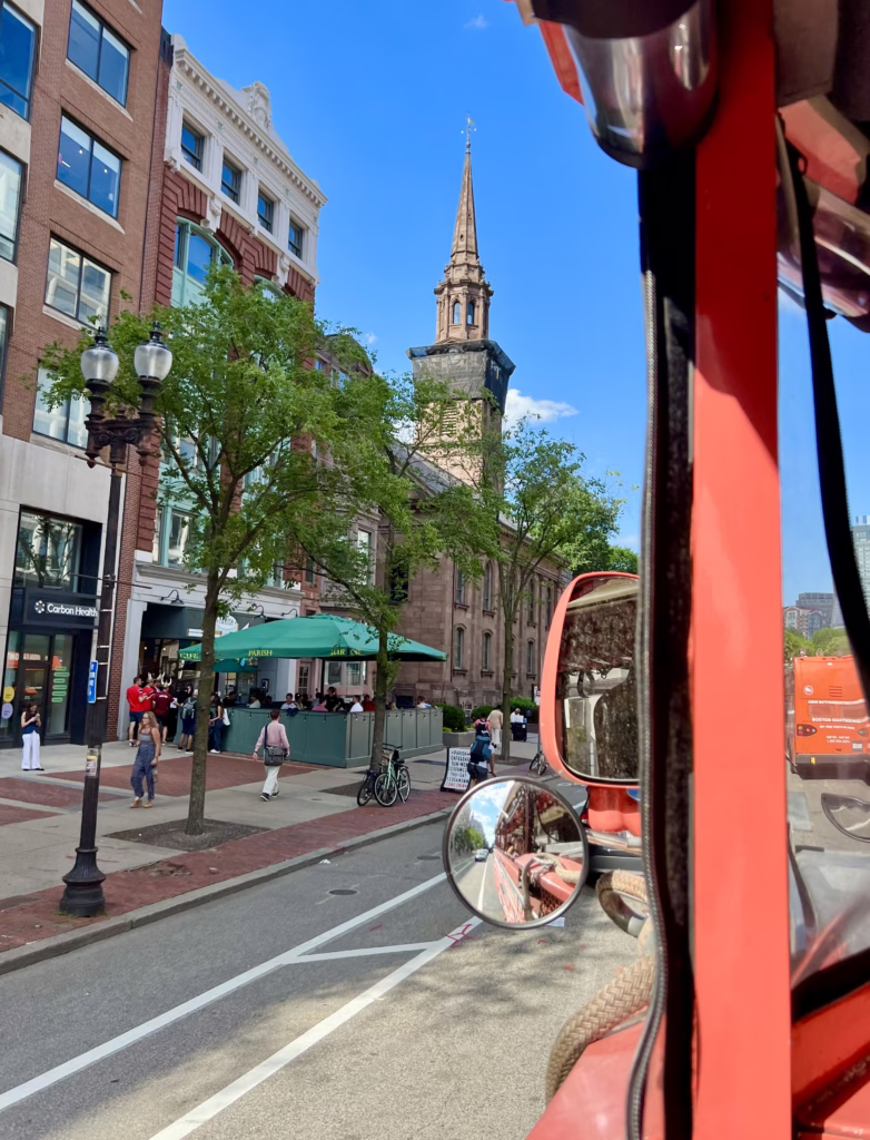 view of chuch in back bay and city streets as seen from boston duck tour boat