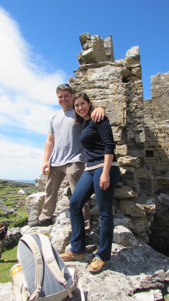 kate storm and jeremy storm standing on ruins of obriens castle when visiting inisheer ireland