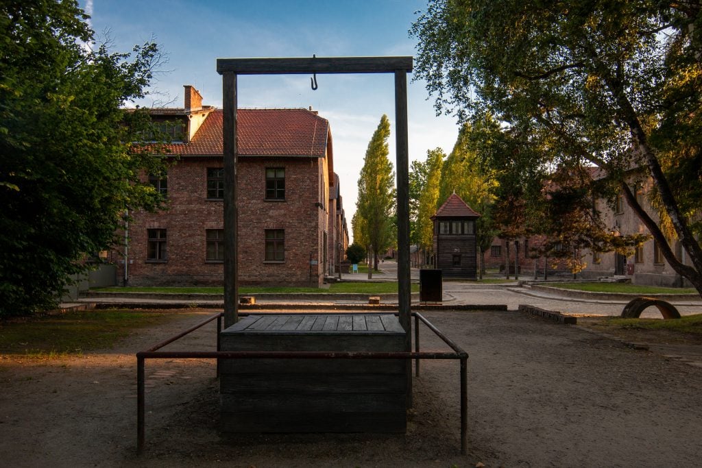 wooden gallows as seen when visiting auschwitz poland