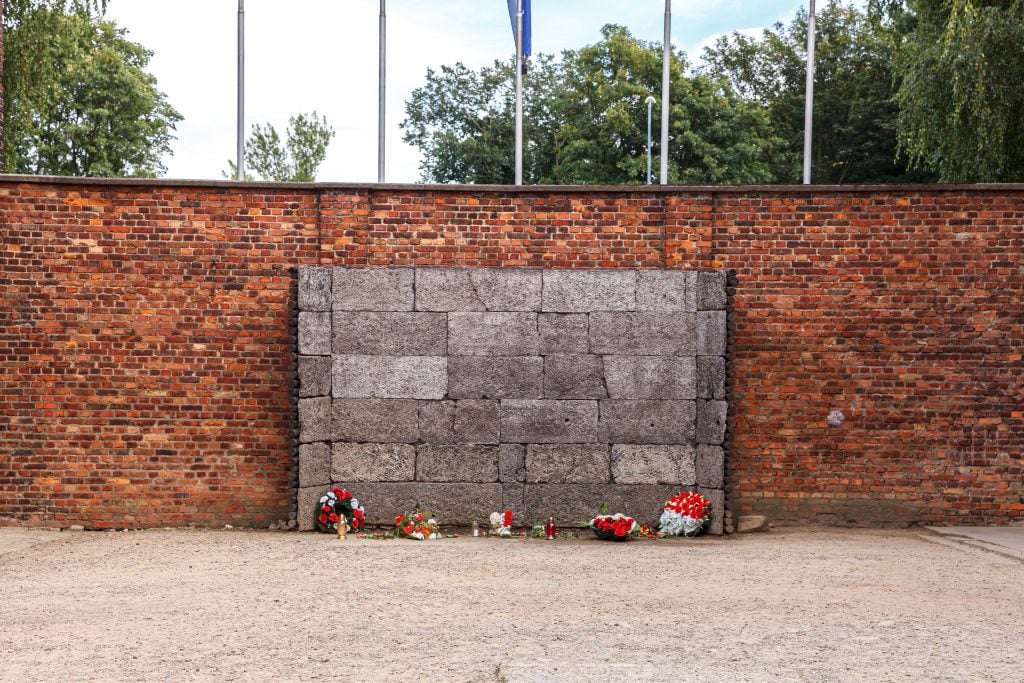 black wall of auschwitz tour with flowers at its base