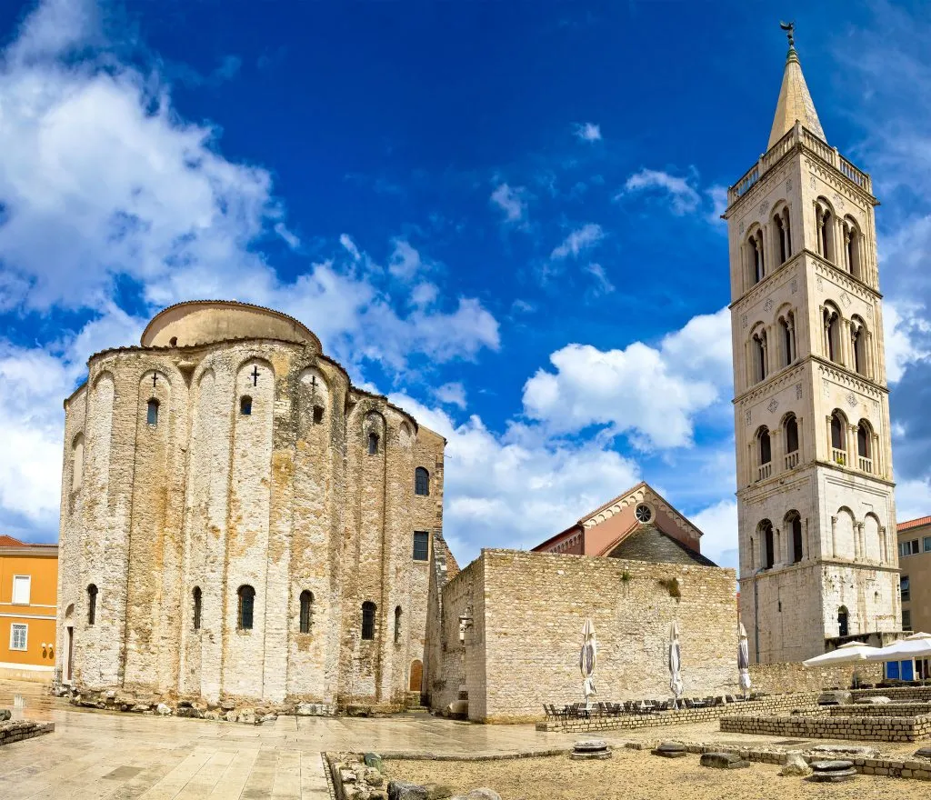 exterior of st donatus church and bell tower on a sunny day, one of the fun things to do in zadar croatia